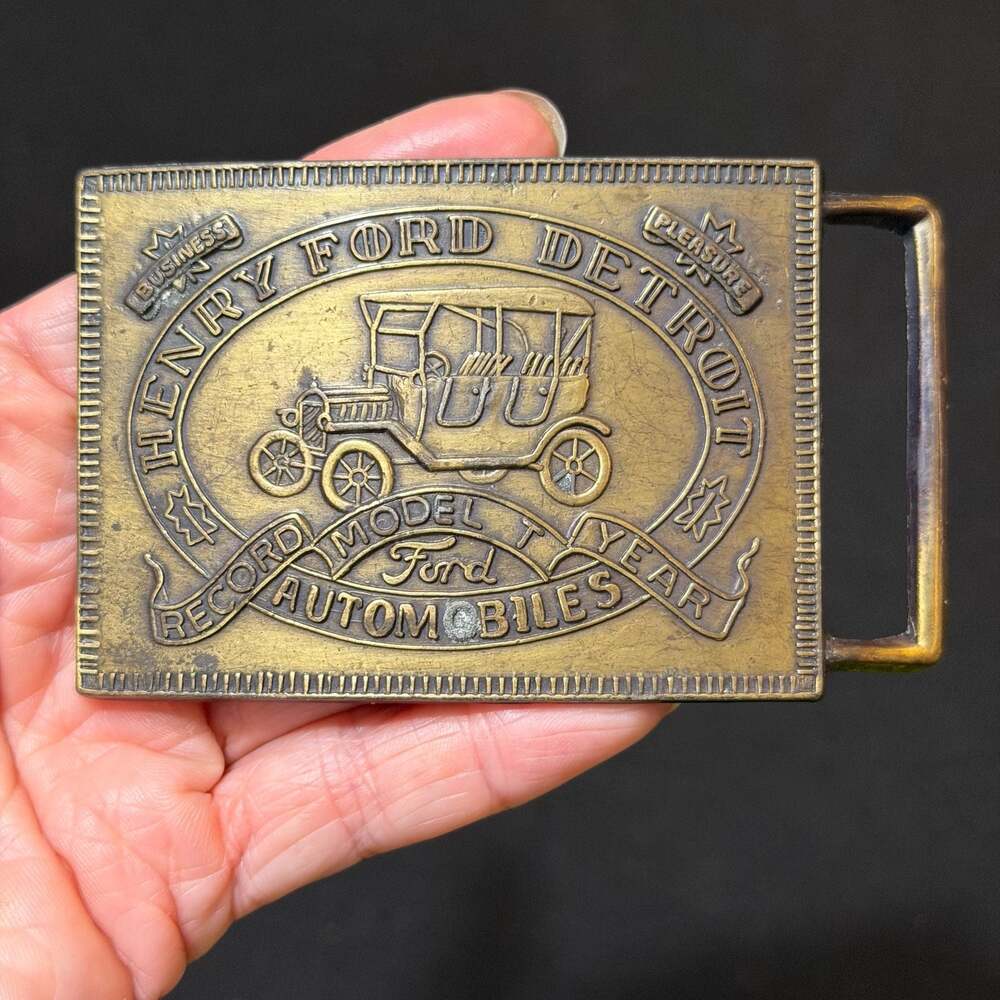 Vintage Henry Ford Detroit Automobiles Model T Brass Belt Buckle